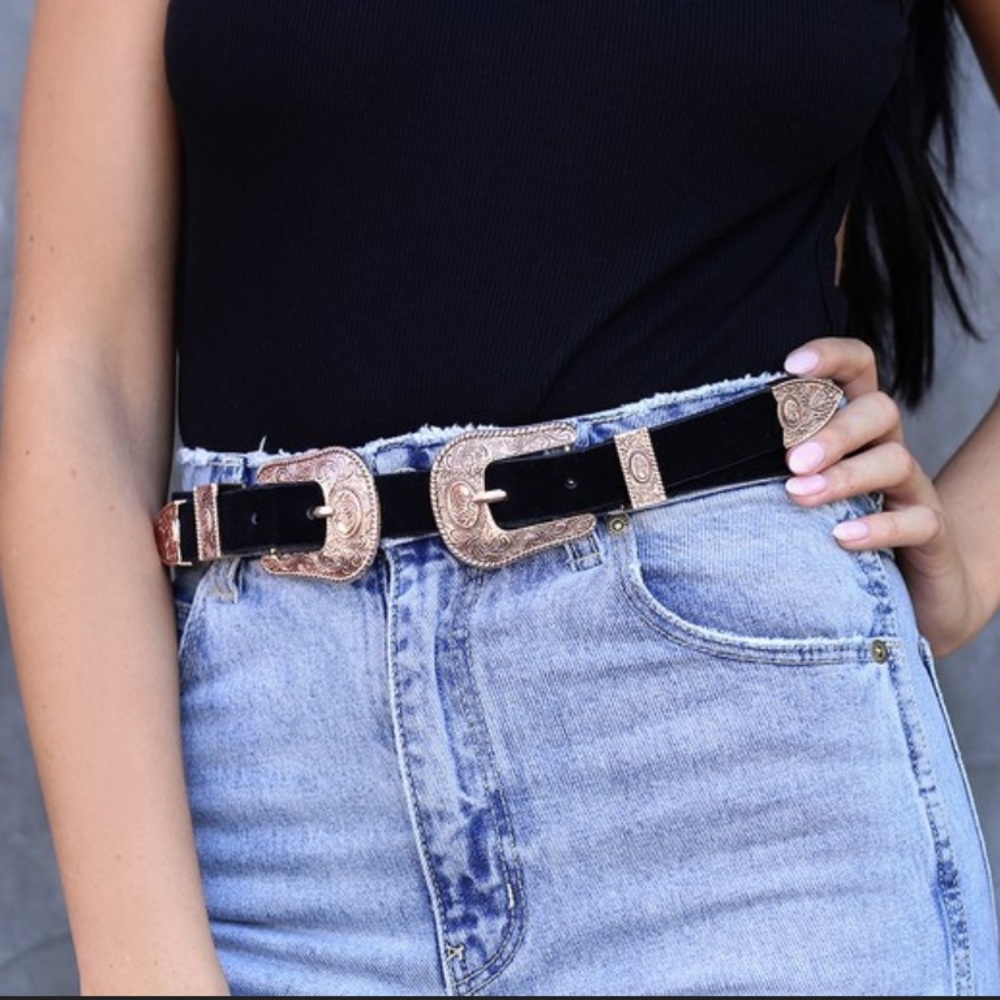 NEW Gold and Black Double Buckle vegan leather belt